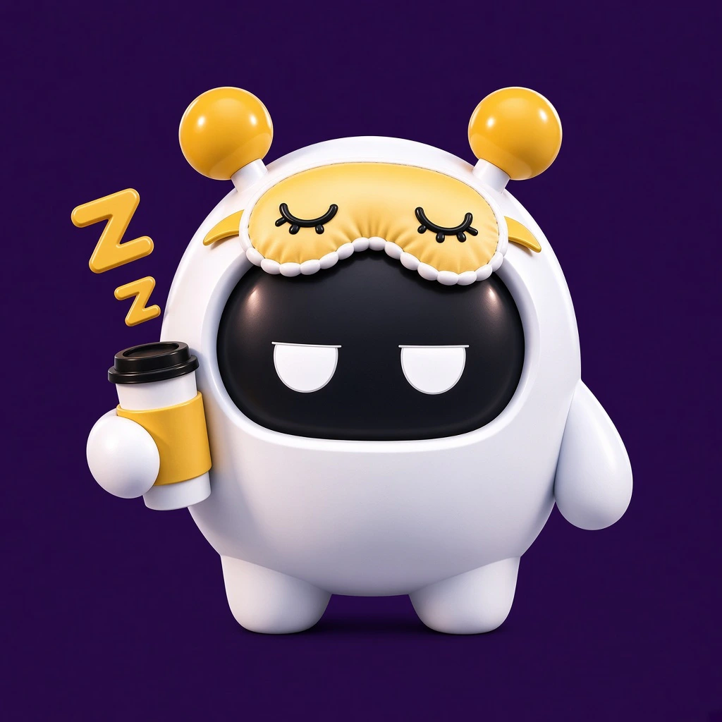 GM Bot: yellow sleep mask, coffee cup, sleepy 3D character