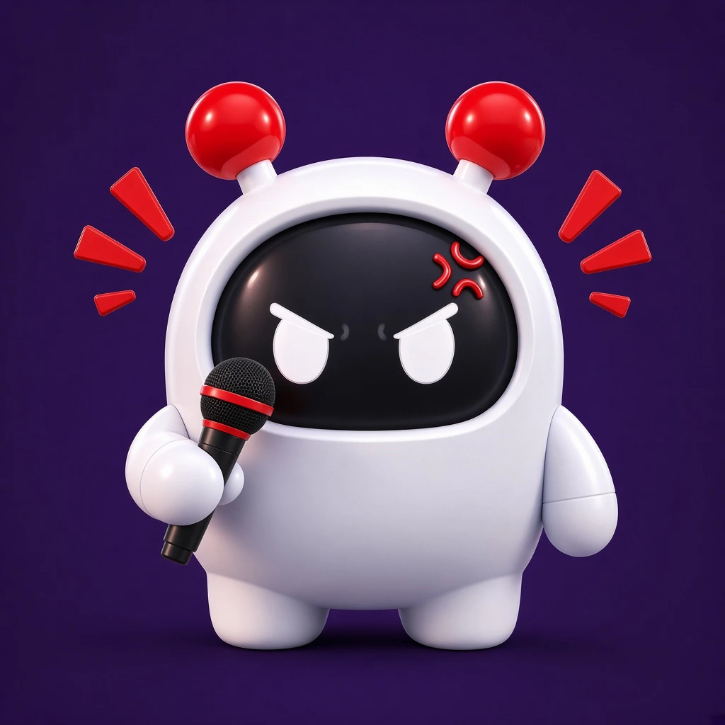 Reply Guy: red antennas, microphone, angry brows 3D character