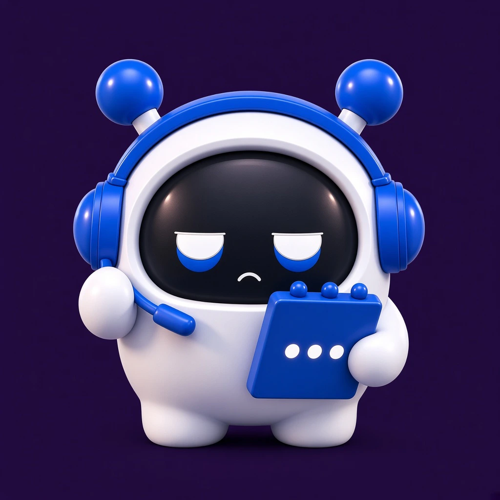 Support Bot: blue headset, tablet, tired 3D character